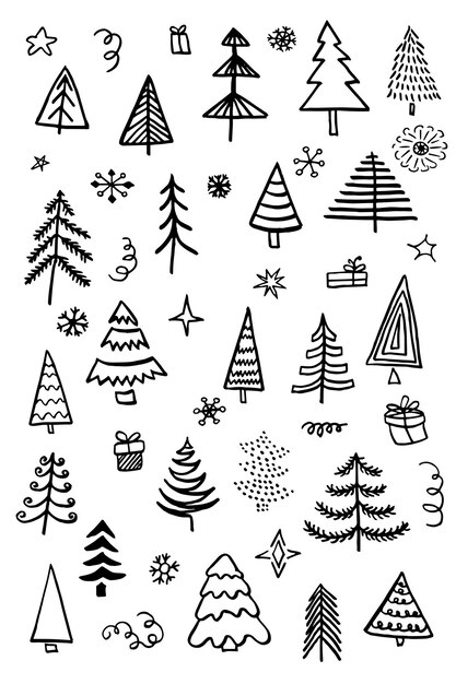 cute doodle abstract conifer pine fir christmas needle trees collection set