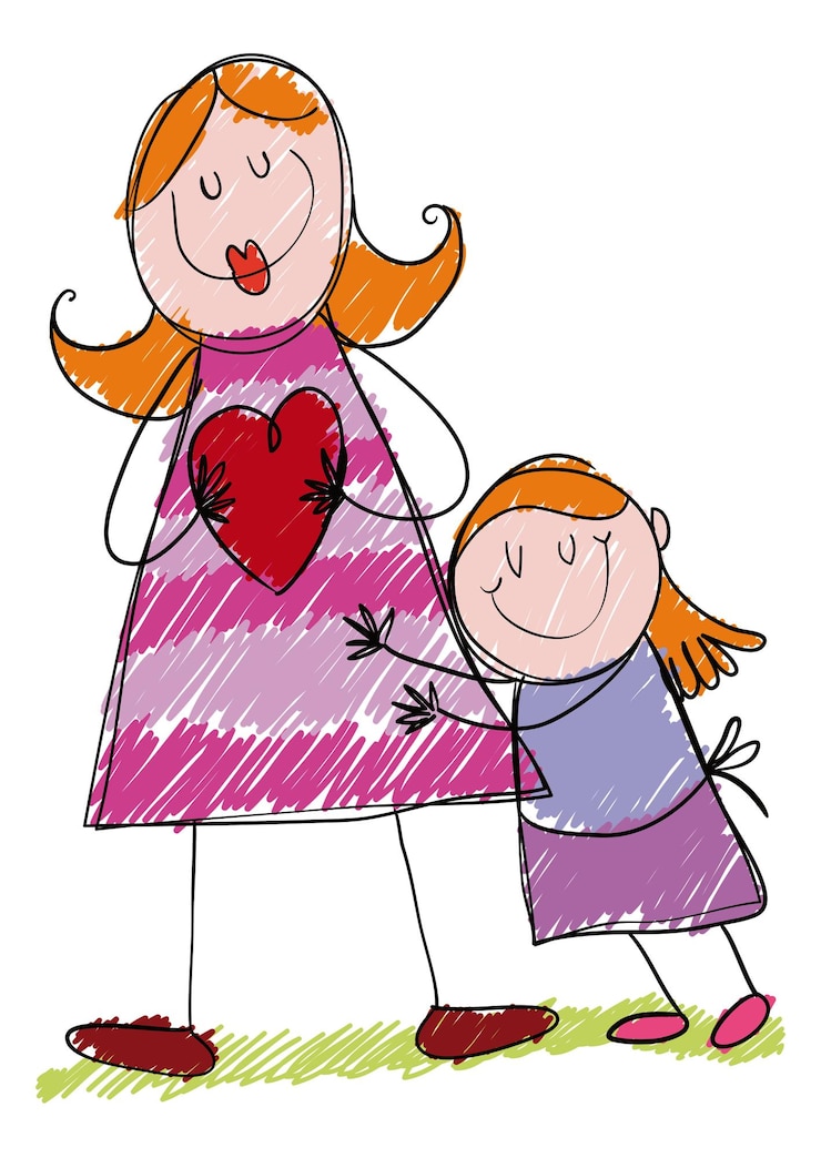 Vector cute doodle with little girl embracing her mom while she holds a heart in arms