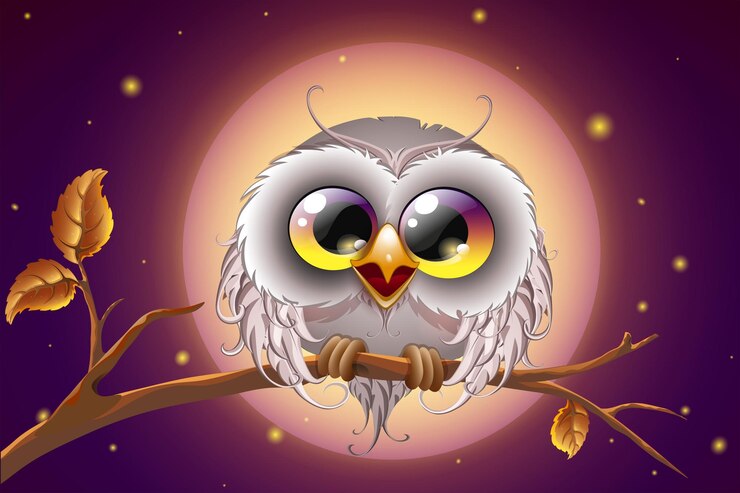 Vector cute fluffy funny cartoon owl sitting on tree branch on the full moon night background.
