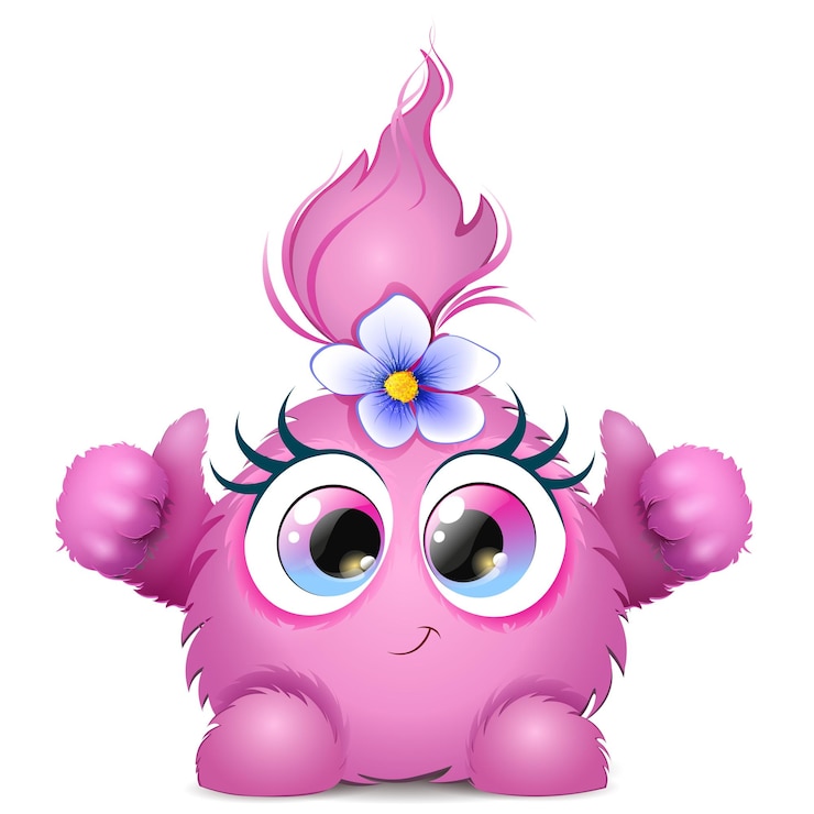 Vector cute fluffy funny cartoon pink smiling monster with like thumbs and blue flower