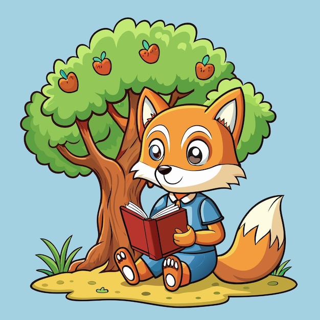 Cute Fox with Book Under Tree Cartoon Vector Graphic