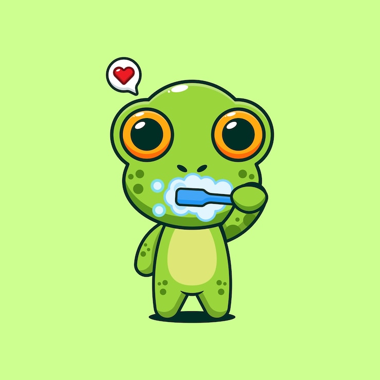 Vector cute frog brushing teeth cartoon vector illustration