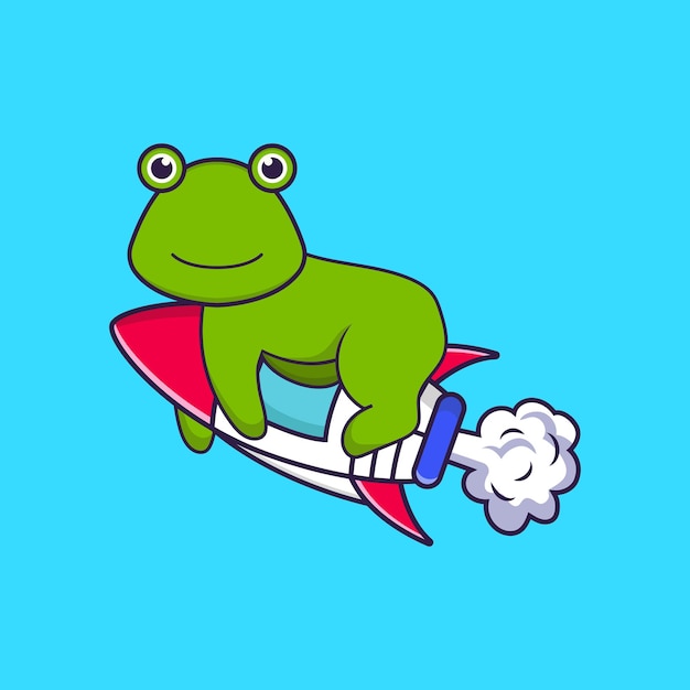 Cute frog flying on rocket. Animal cartoon concept isolated. Flat Cartoon Style