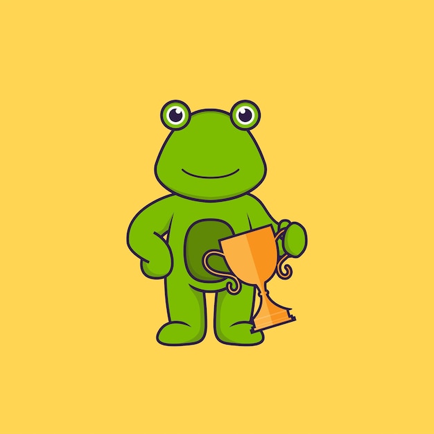 Cute frog holding gold trophy. Animal cartoon concept isolated.