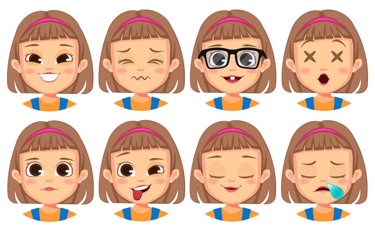 Vector cute girl face expressions collection