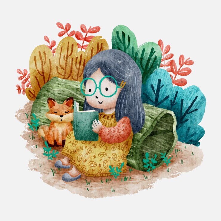 Vector cute girl reading in watercolor