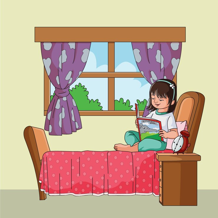 Vector cute girl sitting on her bed and reading a book