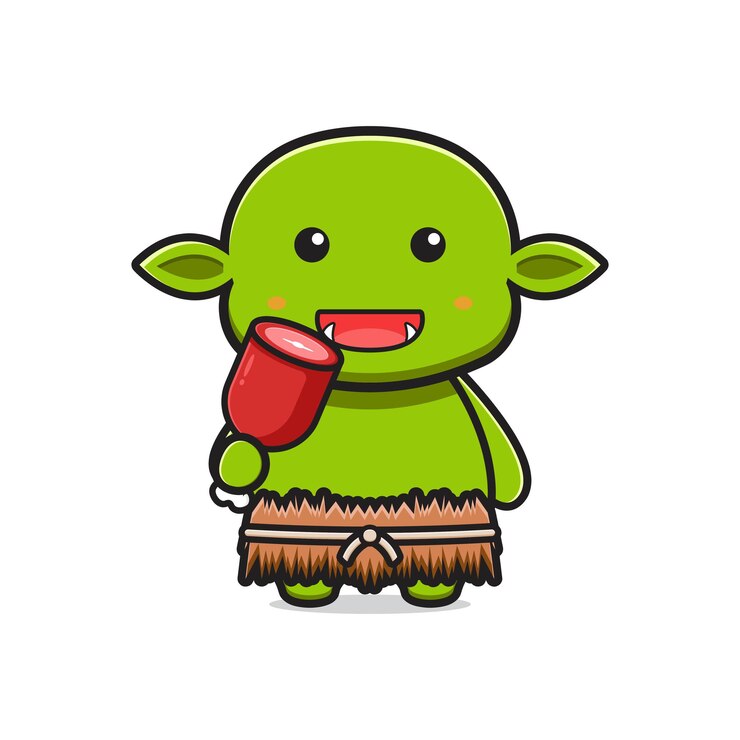 Vector cute goblin eating meat cartoon icon illustration. design isolated flat cartoon style