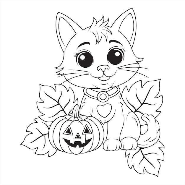 Cute Halloween Cat with Pumpkin Outline for Coloring