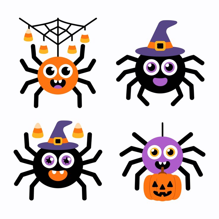 Cute Halloween Spiders with Witch Hats Candy Corn and Pumpkin