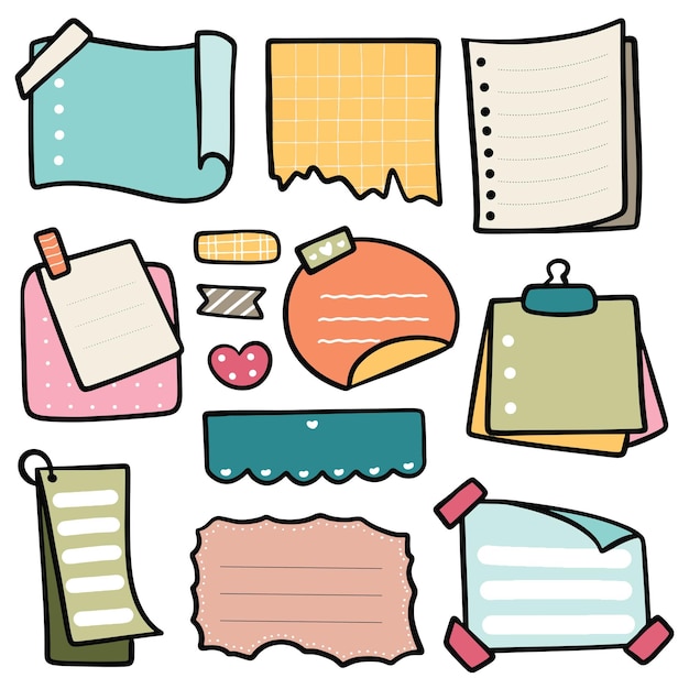 Cute hand drawn planner, journal, notepad, paper sheet, sticky note, vector illustration