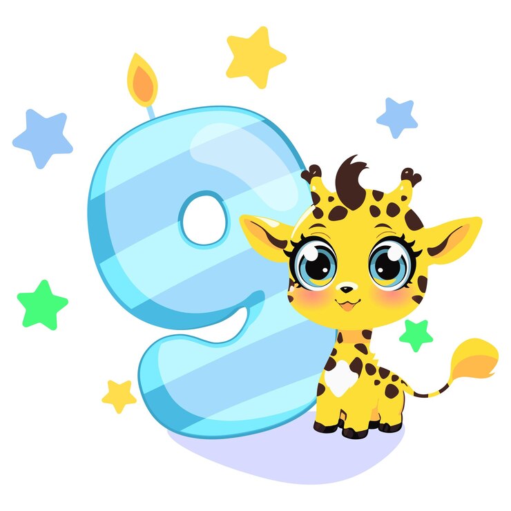 cute illustration for a childrens birthday with a baby giraffe and a figure candle