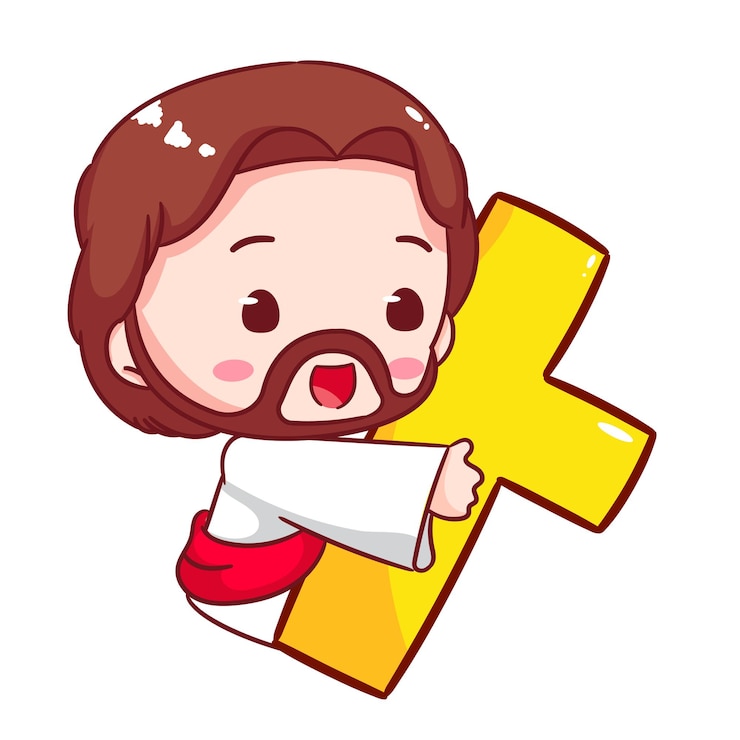 Vector cute jesus holding the cross cartoon vector christianity religion concept design