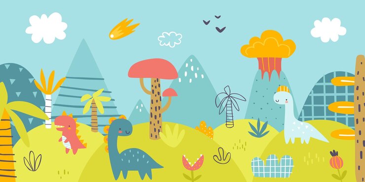 Cute jurassic landscape with funny dinosaurs Scandinavian print with prehistorical panorama