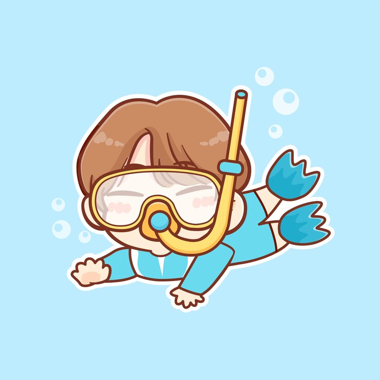Vector cute kid boy swim and diving under sea water on summer holiday