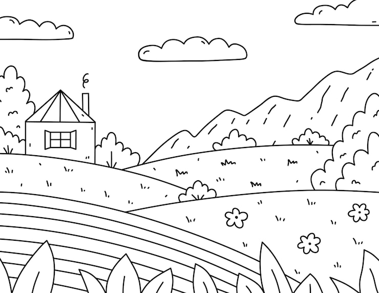 Vector cute kids coloring page landscape with clouds house trees bushes flowers field hills coloring book