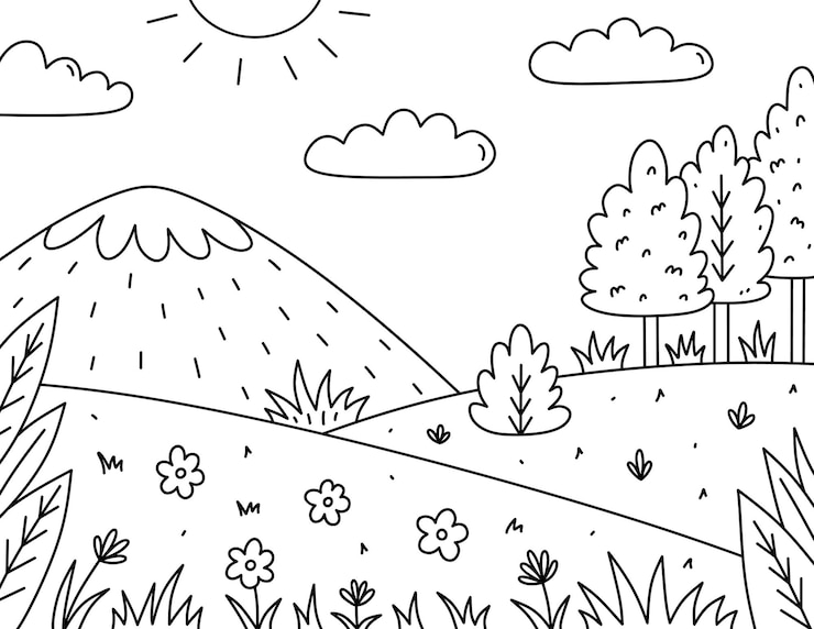 Vector cute kids coloring page landscape with sun clouds mountains field trees bushes and flowers