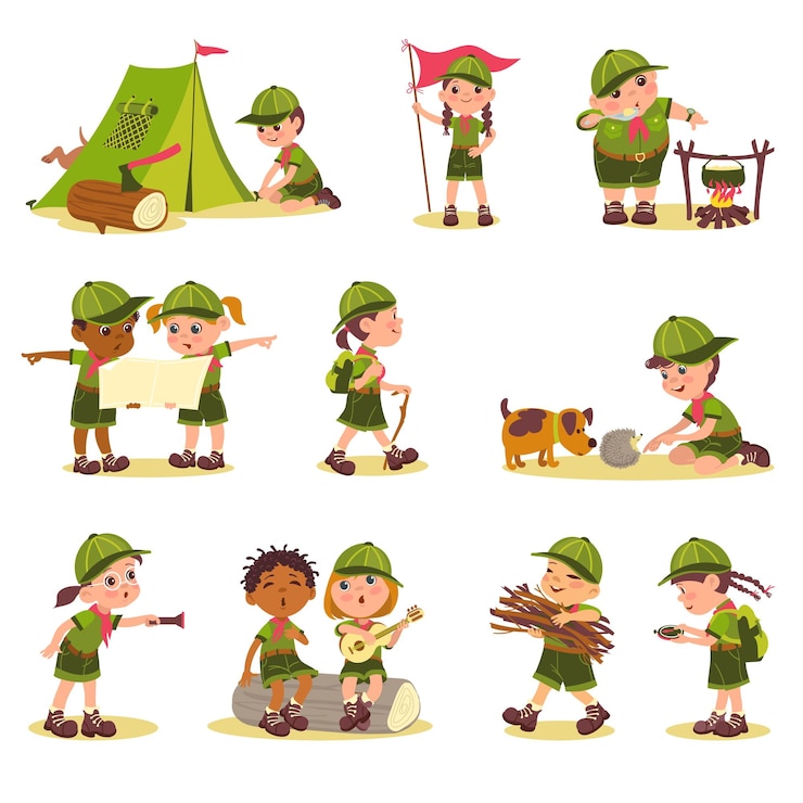 Vector cute kids scouts funny children in touristic clothes summer camping adventures organization young nature explorers boys and girls put up tent teenagers cooking on campfire splendid vector set