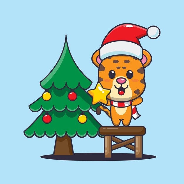 Cute leopard taking star from christmas tree. Cute christmas cartoon illustration.