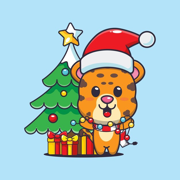 Cute leopard with christmast lamp. Cute christmas cartoon illustration.