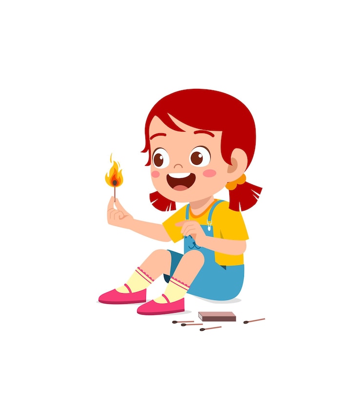 Vector cute little girl holding match stick with fire