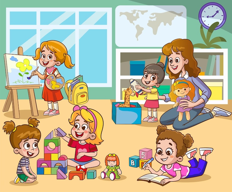 Vector cute little kids playing with toys in preschool classroom