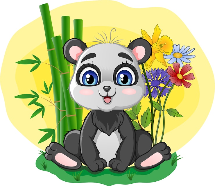 Vector cute little panda sitting in grass