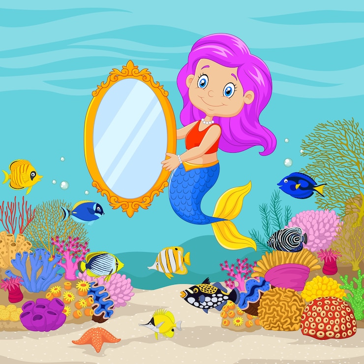 Vector cute mermaid holding a classic mirror 