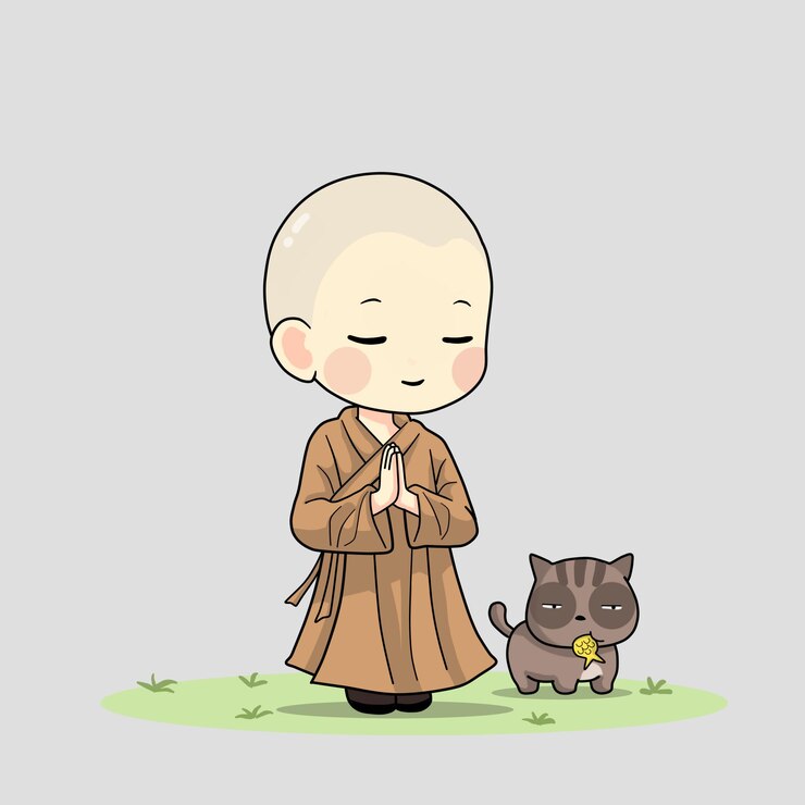 Vector cute monk praying cartoon art illustration