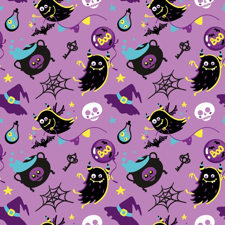 Cute monster and skull, halloween illustration for kids product.  Seamless pattern.