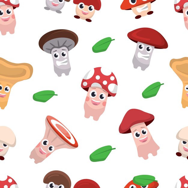 Cute mushrooms pattern boletus chanterelles amanita champignons porcini cartoon cute funny childish characters mushrooms with different emoji vector cartoon flat characters seamless pattern