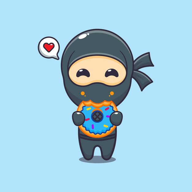 Cute ninja eating donut cartoon vector illustration