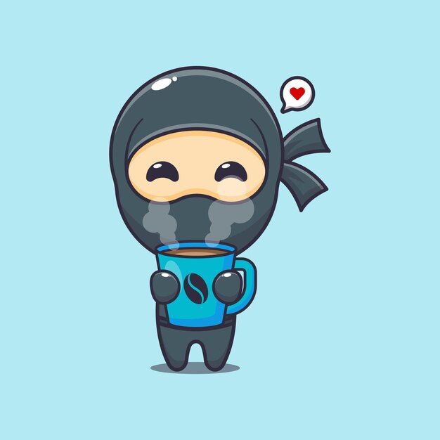 Cute ninja with hot coffee cartoon vector illustration