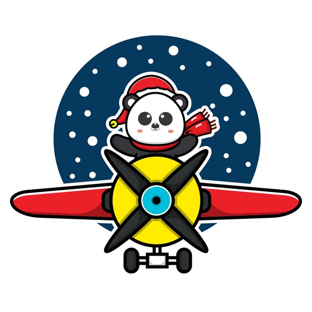Cute panda celebrating christmas with the plane vector illustration