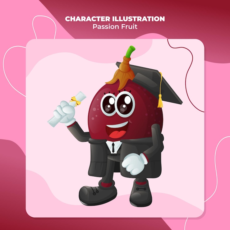 Vector cute passion fruit character wearing a graduation cap and holding a diploma