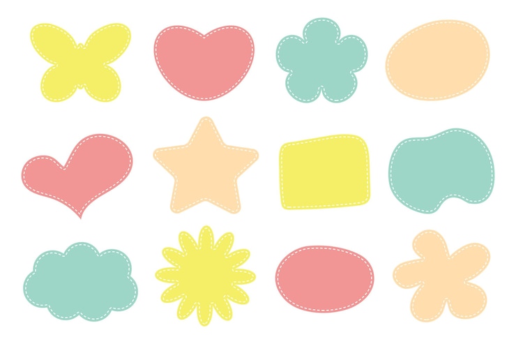 Cute pastel patches set Different shapes with dotted line Art form templates for social media