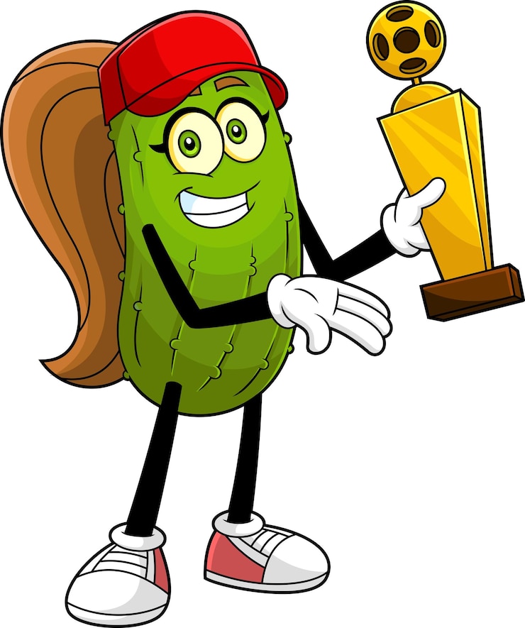 Vector cute pickle girl cartoon character holding a pickleball gold cup trophy