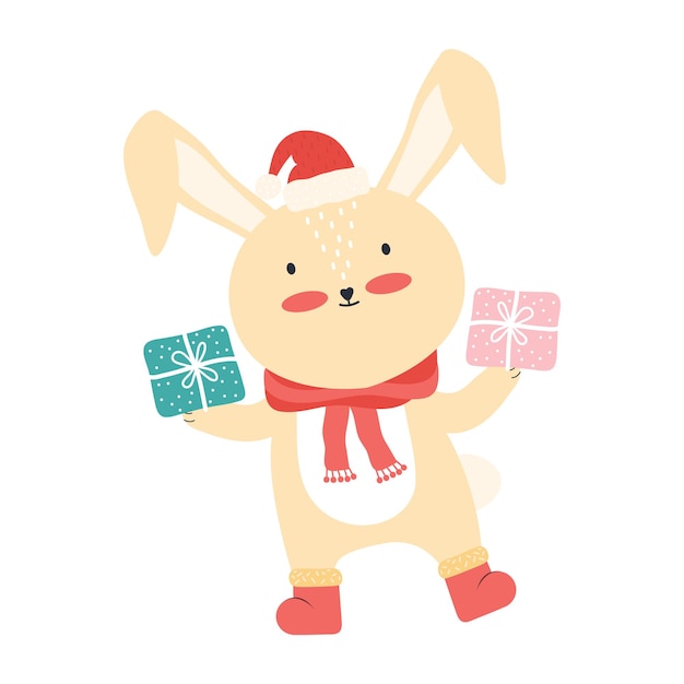 Cute pink baby rabbit in Santa hat with a big gift box. Funny cartoon animal isolated