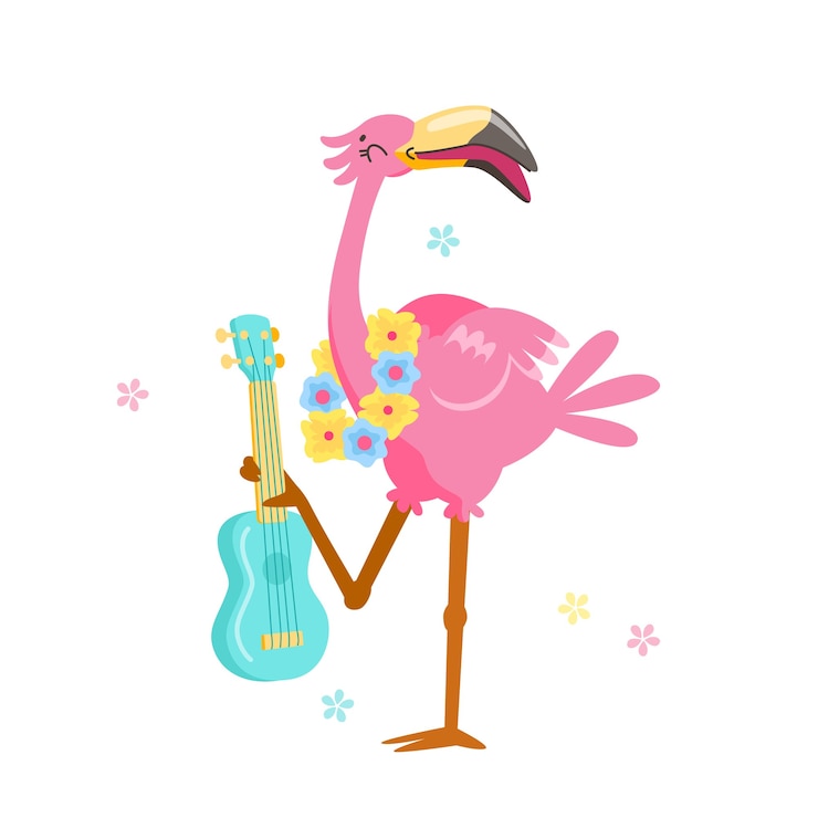 Vector cute pink flamingo in flower wreath play
