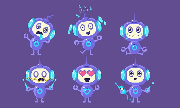 Cute Robot Character Set Funny Adorable Robotics Showing Different Emotions Vector Illustration