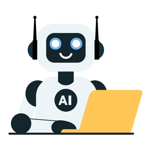 cute robot with laptop flat vector illustration isolated on white background ai bot helper concept