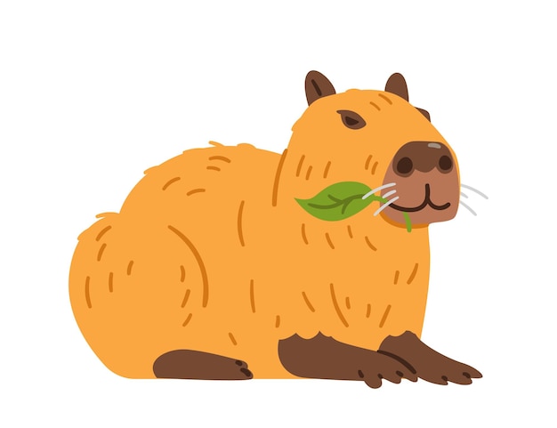Cute satisfied capybara laying and eating green leaf