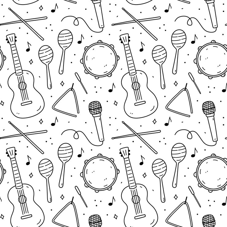 Vector cute seamless pattern with musical instruments drumsticks maracas tambourine microphone and guitar