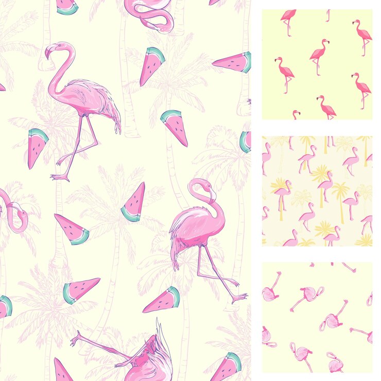 Vector cute set of pink flamingo tropical vibes seamless patterns