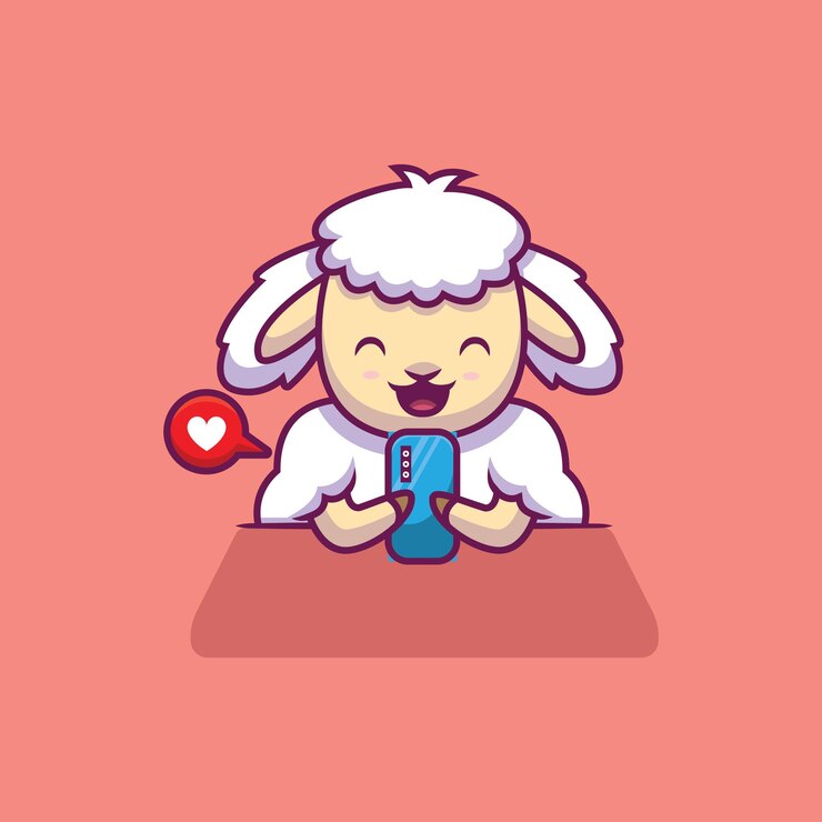 Vector cute sheep playing phone cartoon illustration