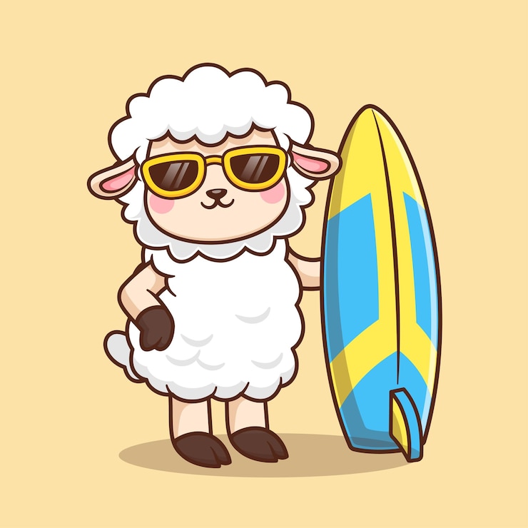 Vector cute sheep surfing cartoon vector icon illustration animal holiday icon isolated flat vector