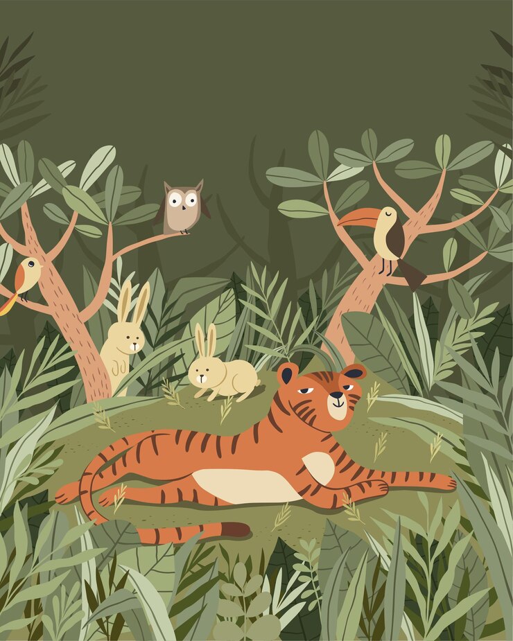 Vector cute tiger illustration relax in the forest