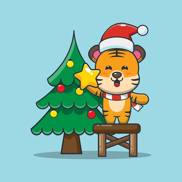 Cute tiger taking star from christmas tree Cute christmas cartoon illustration