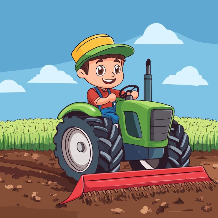 Vector cute tractor driver plowing field cartoon vector