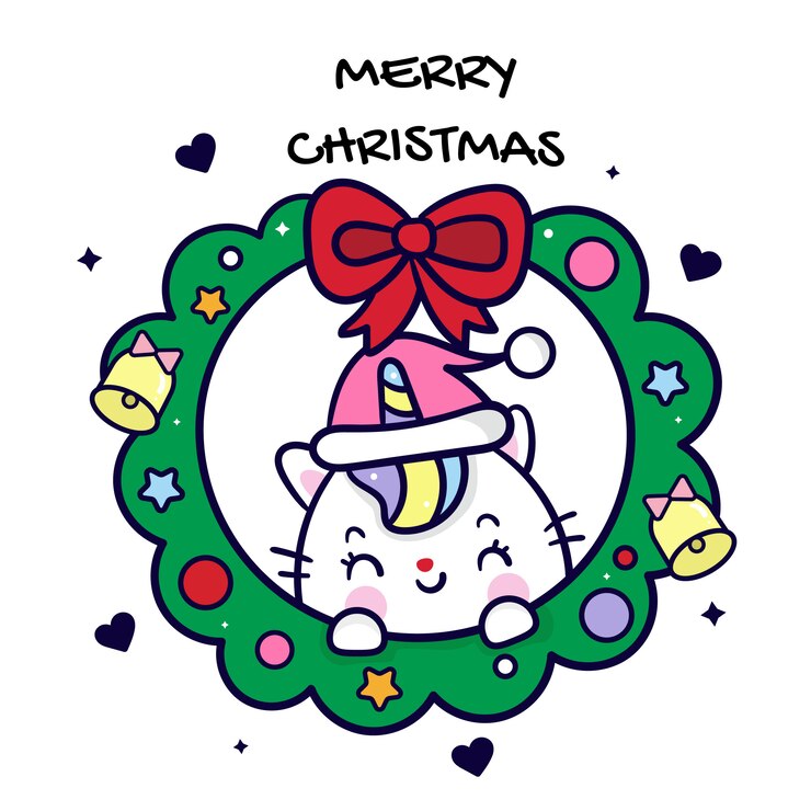Vector cute unicorn cat cartoon with christmas round wreath